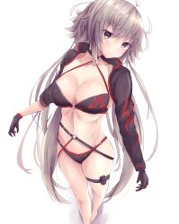 Rule 34 | 1girl, ahoge, barefoot, bikini, black bikini, black choker, black gloves, black jacket, breasts, choker, cleavage, commentary request, cropped jacket, fate/grand order, fate (series), from above, gloves, highres, jacket, jeanne d&#039;arc alter (swimsuit berserker) (fate), jeanne d&#039;arc (fate), jeanne d&#039;arc alter (fate), jeanne d&#039;arc alter (swimsuit berserker) (fate), large breasts, long hair, o-ring, o-ring bikini, o-ring bottom, o-ring top, shrug (clothing), silver hair, swimsuit, thigh strap, very long hair, white background, yellow eyes, yuuki shuri