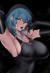 Rule 34 | 1girl, absurdres, alternate costume, arm up, armpits, black one-piece swimsuit, breasts, byleth (female) (fire emblem), byleth (fire emblem), competition swimsuit, elbow gloves, fire emblem, fire emblem: three houses, gloves, highres, kyle (kysizzle), medium breasts, nintendo, one-piece swimsuit, presenting armpit, saliva, saliva trail, solo, swimsuit, tongue, tongue out