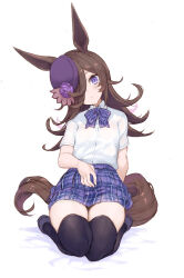 Rule 34 | 1girl, animal ears, bed sheet, black footwear, black hair, black thighhighs, blue bow, blue bowtie, blue flower, blue rose, blue skirt, bow, bowtie, expressionless, flower, hair over one eye, hand on own crotch, hat, hat flower, head tilt, highres, horse ears, horse girl, horse tail, long hair, looking at viewer, multicolored clothes, multicolored skirt, own hands together, pleated skirt, purple eyes, purple headwear, rice shower (umamusume), rose, ryo (tg290), school uniform, seiza, shirt, short sleeves, simple background, sitting, skirt, tail, thighhighs, thighs, umamusume, white background, white shirt, zettai ryouiki