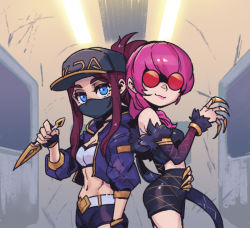 Rule 34 | 2girls, akali, back-to-back, bare shoulders, baseball cap, belt, black shorts, blue eyes, breasts, claws, closed mouth, detached sleeves, evelynn (league of legends), fur trim, grey belt, hat, holding, holding weapon, hood, hooded jacket, jacket, k/da (league of legends), k/da akali, k/da evelynn, kunai, league of legends, long sleeves, looking at viewer, mask, medium breasts, mouth mask, multiple girls, navel, open clothes, open jacket, phantom ix row, pink eyes, pink hair, red hair, shorts, smile, stomach, sunglasses, weapon