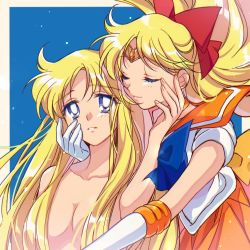 Rule 34 | 2girls, aino minako, bishoujo senshi sailor moon, blonde hair, blue background, blue bow, blush, bow, breasts, choker, closed eyes, closed mouth, clothed female nude female, collarbone, convenient censoring, dual persona, gloves, hair down, hand up, hug, hug from behind, long hair, looking at viewer, magical girl, medium breasts, multiple girls, neck, nude, orange choker, orange sailor collar, orange skirt, outside border, parted lips, red bow, sailor collar, sailor venus, selfcest, skirt, smile, suzuki (2red moon3), tiara, yuri