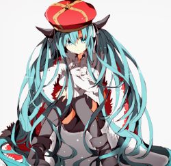 Rule 34 | 1girl, bad id, bad pixiv id, blue hair, boots, cape, closed mouth, collared shirt, crown, fur trim, grey background, grey shorts, grey thighhighs, hair between eyes, hatsune miku, hiiragi fuyuki, horns, long hair, looking at viewer, red cape, shirt, shorts, simple background, sitting, solo, tears, the beast (vocaloid), thighhighs, twintails, very long hair, vocaloid