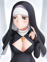 Rule 34 | 1girl, black eyes, blurry, blurry background, breasts, cleavage, cross, daleth (shinigami bocchan to kuro maid), eyelashes, habit, highres, indoors, large breasts, mixed-language commentary, shinigami bocchan to kuro maid, skylock, solo, standing, stitches, sweatdrop, upper body