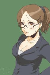 Rule 34 | 1girl, breasts, brown eyes, brown hair, cleavage, collarbone, earrings, formal, glasses, hair ornament, hairclip, jewelry, lips, office lady, original, ponytail, signature, simple background, skirt, skirt suit, solo, suit, toshi punk, upper body