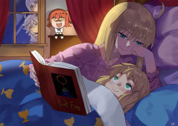 Rule 34 | 2boys, 2girls, aged down, ahoge, artoria pendragon (all), artoria pendragon (fate), bad id, bad pixiv id, bed, bedivere (fate), blonde hair, book, character doll, child, closed mouth, club3, dark souls (series), fate/grand order, fate (series), fujimaru ritsuka (female), green eyes, holding, holding book, indoors, long hair, looking at another, merlin (fate/stay night), mordred (fate), mordred (fate/apocrypha), mother and daughter, multiple boys, multiple girls, night, open book, peeking out, pillow, red eyes, riyo (lyomsnpmp) (style), saber (fate), signature, silver hair, smile, under covers