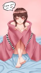 Rule 34 | 1girl, adapted costume, barefoot, bed sheet, blush, braid, breasts, brown hair, cleavage, english text, feet, full body, highres, looking at viewer, madotsuki, naked blanket, naked sheet, one eye closed, parted lips, red eyes, sitting, small breasts, solo, speech bubble, text focus, toes, twin braids, twrlare, yume nikki