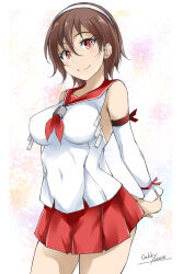 Rule 34 | 1girl, breasts, brown eyes, brown hair, cowboy shot, detached sleeves, gakky, hairband, kantai collection, looking at viewer, medium breasts, natori (kancolle), neckerchief, one-hour drawing challenge, pleated skirt, red neckerchief, red sailor collar, red skirt, sailor collar, sailor shirt, school uniform, serafuku, shirt, short hair, skirt, sleeveless, sleeveless shirt, smile, solo, stretching, white hairband