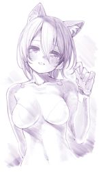 Rule 34 | 1girl, android, animal ear fluff, animal ears, blush, breasts, cat ears, cleavage, collarbone, commentary, greyscale, hair between eyes, head tilt, highres, hololive, kemonomimi mode, looking at viewer, medium breasts, monochrome, navel, nosir onadat, open mouth, roboco-san, short hair, simple background, smile, solo, traditional media, upper body, virtual youtuber, white background