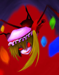 Rule 34 | 1girl, am24, bad id, bad pixiv id, blank eyes, blonde hair, bow, colored sclera, creepy, demon wings, evil smile, female focus, flandre scarlet, grin, hat, head tilt, mob cap, red eyes, red sclera, shaded face, smile, solo, touhou, upper body, vampire, wings