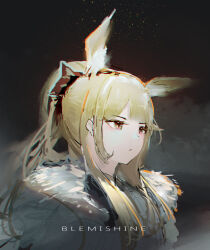 Rule 34 | 1girl, absurdres, animal ear fluff, animal ears, arknights, blemishine (arknights), blonde hair, chinese commentary, chromatic aberration, commentary request, fur trim, highres, horse ears, horse girl, lemtun, light particles, long hair, orange eyes, ponytail, portrait, sidelocks, solo