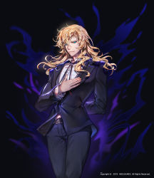 Rule 34 | 1boy, belt, black coat, black pants, blonde hair, blue eyes, closed mouth, coat, english text, frankenstein (noblesse), hand on own chest, hero cantare, highres, long hair, long sleeves, looking at viewer, male focus, noblesse, official art, pants, shirt, simple background, smile, solo, white shirt, yagaaaa