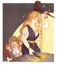 Rule 34 | 1boy, 2girls, aged down, armlet, bare shoulders, black dress, blonde hair, bracelet, braid, breasts, brother and sister, child, circlet, cleavage, colored eyelashes, commentary request, donar0217, dress, elden ring, family, gold, gold belt, gold necklace, jewelry, korean commentary, large breasts, long hair, malenia blade of miquella, miquella (elden ring), mother and daughter, mother and son, multiple girls, necklace, open mouth, queen marika the eternal, red hair, siblings, simple background, smile, sparkle, star (symbol), teeth, upper teeth only, very long hair, wavy hair, white background, yellow eyes