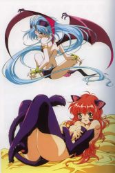 Rule 34 | 2girls, animal ears, armlet, back, bat wings, bed, bell, bikini, blue hair, body fur, breasts, bridal gauntlets, cat ears, cat tail, cleavage, collar, delta (words worth), demon girl, facial mark, feet, forehead mark, from behind, gloves, head wings, highres, long hair, looking back, lying, multiple girls, nail polish, neck bell, nina (words worth), on back, pink nails, pointy ears, red eyes, red hair, rin-sin, scan, sitting, smile, swimsuit, tail, thighhighs, toes, very long hair, wings, words worth, yellow eyes