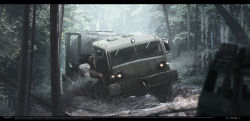Rule 34 | car, commentary request, english text, forest, haguruma c, highres, letterboxed, motor vehicle, mud, nature, no humans, original, scenery, sports utility vehicle, tree, truck, vehicle focus, vehicle request
