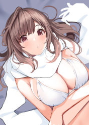 Rule 34 | 1girl, arms under breasts, bare shoulders, bed sheet, bikini, blush, breasts, brown hair, cleavage, closed mouth, commentary request, crossed arms, from above, idolmaster, idolmaster shiny colors, koukoku, large breasts, long hair, looking at viewer, lying, on back, on bed, purple eyes, revision, scarf, solo, swimsuit, tsukioka kogane, white bikini, white scarf
