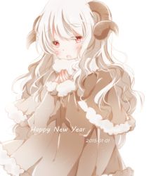 Rule 34 | 1girl, bad id, bad pixiv id, coat, happy new year, hiro (hirohiro31), horns, long hair, looking at viewer, new year, open mouth, original, red eyes, sheep horns, solo, white hair, winter clothes, winter coat