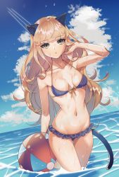 Rule 34 | 1girl, animal ears, ball, beachball, bikini, bikini skirt, blonde hair, blue bikini, blush, breasts, cat ears, cat tail, collarbone, doromaso, highres, long hair, looking at viewer, navel, ocean, open mouth, outdoors, perrine h. clostermann, sky, small breasts, solo, standing, strike witches, swimsuit, tail, world witches series, yellow eyes