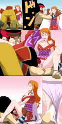 Rule 34 | 1boy, 1girl, absurdres, accidental pervert, between legs, black hair, blush, breasts, brown hair, china dress, chinese clothes, cleavage, cum, dress, embarrassed, face in crotch, gloves, highres, large breasts, legs, long hair, long nose, medium breasts, nami (one piece), one piece, open mouth, orange hair, panties, pelvic curtain, sexually suggestive, surprised, sweatdrop, tattoo, underwear, usopp, view between legs