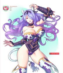 Rule 34 | 1girl, alternate costume, animal print, bell, blush, breasts, cameltoe, camilla (fire emblem), cow girl, cow horns, cow print, cow tail, cowbell, fire emblem, fire emblem fates, fire emblem heroes, groin, hair over one eye, horns, large breasts, looking at viewer, nintendo, parted lips, purple eyes, purple hair, solo, supersatanson, tail, thighhighs