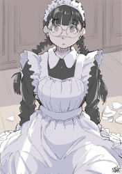 Rule 34 | 1girl, black hair, braid, bright pupils, broken, brown eyes, glasses, hadashi no kenji, hatching (texture), highres, indoors, long hair, looking at viewer, maid, maid headdress, original, parted lips, round eyewear, shards, sitting, sketch, solo, tearing up, twintails, wariza, white pupils, wide-eyed