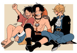Rule 34 | 3boys, :d, ^ ^, ascot, bad id, bad pixiv id, black hair, blonde hair, brothers, closed eyes, fist pump, gloves, grin, jewelry, male focus, monkey d. luffy, multiple boys, necklace, one piece, open mouth, portgas d. ace, sabo (one piece), sandals, scar, scar on face, short hair, shorts, siblings, sitting, smile, tbt