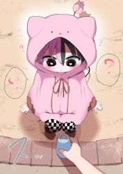 Rule 34 | 1boy, 1girl, ?, animal hood, black hair, blush, breasts, checkered shorts, demon girl, demon tail, heart, heart-shaped pupils, highres, hood, hood up, large breasts, looking down, multicolored hair, oppai loli, original, outdoors, parka, purple hair, sand, short hair, shorts, solo focus, split-color hair, spoken question mark, squatting, symbol-shaped pupils, tail, zurikishi