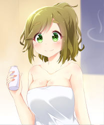 Rule 34 | 1girl, blurry, blurry background, blush, bottle, breasts, brown hair, cleavage, closed mouth, collarbone, commentary, depth of field, fang, fang out, green eyes, high ponytail, holding, holding bottle, ikazu401, inuyama aoi, large breasts, milk bottle, naked towel, onsen symbol, ponytail, skin fang, solo, thick eyebrows, towel, yurucamp