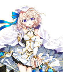 Rule 34 | blonde hair, blue ribbon, breasts, cleavage, dress, elbow gloves, eleanor (shironeko project), frilled dress, frills, gloves, hair ribbon, highres, long ribbon, navel, purple eyes, ribbon, shironeko project, short hair, wcpcallet