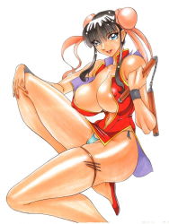 Rule 34 | 1girl, azuki kurenai, black hair, blue eyes, blue panties, breasts, bun cover, china dress, chinese clothes, cleavage, double bun, dress, covered erect nipples, g-string, huge breasts, large breasts, leg up, legs, lipstick, long legs, makeup, navel, no bra, nunchaku, nunchucks, open clothes, open dress, panties, shoes, short dress, side-tie panties, smile, solo, thigh strap, thong, underwear, weapon