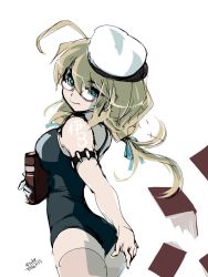 Rule 34 | 10s, 1girl, 2016, 4suke, ahoge, aqua eyes, aqua ribbon, armband, blonde hair, book, dated, from behind, hair ribbon, hat, holding, holding book, i-8 (kancolle), kantai collection, long hair, looking back, low twintails, name tag, open book, pink thighhighs, red-framed eyewear, ribbon, sailor hat, signature, simple background, smile, solo, thighhighs, twintails, white background, white hat, zettai ryouiki