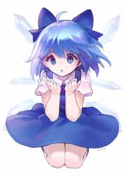 Rule 34 | 1girl, ahoge, ainy, bad id, bad twitter id, blowing, blue bow, blue dress, blue eyes, blue hair, blue nails, bow, bowtie, circle skirt, cirno, dress, full body, ice, ice wings, matching hair/eyes, nail polish, red bow, red bowtie, seiza, short hair, short sleeves, signature, simple background, sitting, solo, touhou, white background, wings