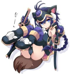 Rule 34 | 1girl, animal ears, black footwear, black leotard, blue eyes, boots, bow, braid, drop shadow, fake animal ears, full body, gloves, hair between eyes, hair bow, headpiece, highres, holding, holding sword, holding weapon, karukan (monjya), katana, knees up, leotard, long hair, looking at viewer, matsuhime mujina, parted lips, purple bow, purple gloves, purple hair, purple thighhighs, sheath, sheathed, shinrabanshou, single braid, solo, sword, thighhighs, thighhighs under boots, very long hair, weapon, white background