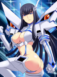 Rule 34 | 10s, 1girl, ass, black hair, blue eyes, blunt bangs, boots, breasts, cleavage, cleavage cutout, clenched hands, clothing cutout, elbow gloves, eyebrows, gloves, hair ornament, hairclip, hime cut, junketsu, kill la kill, kiryuuin satsuki, large breasts, long hair, nishida megane, revealing clothes, solo, suspenders, thick eyebrows, thigh boots, thighhighs, twisted torso