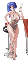 Rule 34 | 1girl, absurdres, azur lane, bag, bar stool, bare legs, blue hair, blue nails, breasts, champagne flute, cup, dress, drinking glass, dylanlin, evening gown, full body, handbag, high heels, highres, jewelry, large breasts, nail polish, necklace, official alternate costume, pelvic curtain, purple eyes, simple background, st. louis (azur lane), st. louis (luxurious wheels) (azur lane), stool, white background
