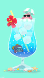 Rule 34 | blue background, blush stickers, cup, drinking straw, flower, goggles, highres, ice, ice cube, in container, in cup, kirby, kirby (series), lifebuoy, nintendo, no humans, nody (nody lowmoo), red flower, seashell, shell, simple background, smile, solid oval eyes, starfish, sunglasses, swim ring, umbrella, waddle dee
