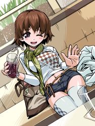 Rule 34 | 10s, 1girl, belt, blush stickers, brown eyes, brown hair, drinking straw, freckles, girls und panzer, glass, holding, long sleeves, looking at viewer, midriff, navel, one eye closed, print thighhighs, r-ex, scarf, shirt, short hair, short shorts, shorts, sitting, smile, soda, solo, thigh gap, thighhighs, tsuchiya (girls und panzer), waving, white shirt, white thighhighs, wink