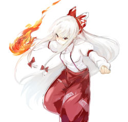 Rule 34 | 1girl, bad id, bad pixiv id, bow, clenched hands, dress shirt, female focus, fighting stance, fire, flaming hand, fujiwara no mokou, hair bow, long hair, pants, ribbon, shirt, simple background, solo, suspenders, touhou, ume (plumblossom), very long hair, white hair