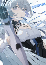 Rule 34 | 1girl, absurdres, aged up, bare shoulders, breasts, bronya zaychik, bronya zaychik (silverwing: n-ex), cleavage, dress, drill hair, grey eyes, grey hair, gun, hair between eyes, hair ornament, highres, holding, holding gun, holding weapon, honkai (series), honkai impact 3rd, jewelry, large breasts, long hair, looking at viewer, lupinu5, parted lips, pointing, pointing at viewer, pointing weapon, simple background, sleeveless, sleeveless dress, smile, solo, twin drills, weapon, white background, white dress