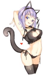 Rule 34 | 10s, 1girl, alternate costume, animal ears, arami o 8, armpits, arms behind head, arms up, bell, black flower, black panties, black rose, black thighhighs, breasts, cameltoe, cat cutout, cat ear panties, cat ears, cat lingerie, cat tail, choker, cleavage cutout, closed mouth, clothing cutout, cowboy shot, cropped legs, dagashi kashi, eyebrows, fake animal ears, flower, frills, groin, hair flower, hair ornament, hair ribbon, hairband, heart, jingle bell, large breasts, licking lips, looking at viewer, meme attire, nail polish, navel, neck bell, panties, purple hair, red nails, ribbon, ringed eyes, rose, shidare hotaru, short hair, side-tie panties, simple background, smile, solo, stomach, tail, thighhighs, thighs, tongue, tongue out, underwear, underwear only, white background
