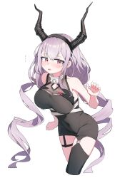 Rule 34 | 1girl, arknights, bare shoulders, black hairband, black shirt, blush, bouncing breasts, breasts, cleavage, cleavage cutout, clothing cutout, cowboy shot, crossed bangs, flying sweatdrops, hair between eyes, hairband, hand up, highres, horns, jambujok, large breasts, long hair, open mouth, purple eyes, purple hair, shirt, sidelocks, sideways glance, simple background, single thighhigh, sleeveless, sleeveless shirt, solo, thighhighs, typhon (arknights), very long hair, white background