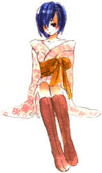 Rule 34 | 1girl, ayanami rei, japanese clothes, kimono, kneehighs, lowres, neon genesis evangelion, short kimono, simple background, socks, solo