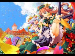 Rule 34 | 2girls, apron, bell, blue eyes, carrying, confetti, female focus, flower, hat, heart, heart-shaped pupils, heart in mouth, hokuto (scichil), hong meiling, izayoi sakuya, letterboxed, long hair, maid headdress, mouth hold, multiple girls, open mouth, princess carry, red hair, scarlet devil mansion, short hair, silver hair, star (symbol), sweat, symbol-shaped pupils, touhou, waist apron, yuri