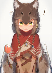 Rule 34 | !, 1girl, 1other, ^^^, absurdres, animal ears, animal hat, blush, braid, brown dress, brown eyes, brown hair, commentary request, coreytaiyo, dated, dentist, dress, fang, feather trim, gloves, grey background, hair over shoulder, hat, highres, holding, long hair, looking at viewer, mouth mirror, open mouth, original, poncho, signature, simple background, solo focus, twin braids, wavy mouth, white gloves, wolf ears, wolf hat