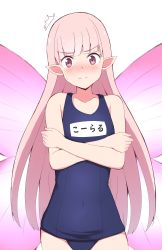 Rule 34 | 1girl, ^^^, absurdres, bare arms, bare shoulders, blue one-piece swimsuit, blunt bangs, blush, brown hair, closed mouth, commentary request, coral (fate), covered navel, crossed arms, fairy, fairy wings, fate/grand order, fate (series), highres, long hair, looking at viewer, mitchi, name tag, nose blush, old school swimsuit, one-piece swimsuit, pink wings, pointy ears, red eyes, school swimsuit, simple background, solo, sweat, swimsuit, v-shaped eyebrows, very long hair, white background, wings
