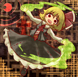 Rule 34 | 1girl, :d, akihiyo, aura, blonde hair, bow, character name, crescent moon, cross, dress shirt, drooling, embodiment of scarlet devil, empty eyes, female focus, hair bow, long sleeves, mary janes, moon, necktie, no nose, open mouth, red eyes, rumia, saliva, shirt, shoes, short hair, skirt, skirt set, smile, solo, tie clip, touhou, vest, white shirt