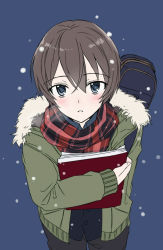 Rule 34 | 1girl, blue eyes, blush, brown hair, from above, looking at viewer, looking up, plaid, plaid scarf, scarf, short hair, simple background, solo, takeuchi aya