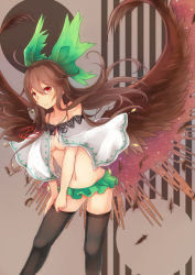Rule 34 | 1girl, alternate costume, bare shoulders, black thighhighs, blush, bow, breasts, brown hair, brown wings, cape, collarbone, feathers, hair bow, highres, hinauri (nurupon), hip focus, jewelry, knees, legs, long hair, microskirt, miniskirt, navel, no shirt, pendant, red eyes, reiuji utsuho, revealing clothes, ribbon, skirt, smile, solo, space, stomach, thighhighs, thighhighs pull, thighs, touhou, underboob, wings
