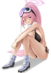 Rule 34 | 1girl, bare arms, bare legs, bare shoulders, bikini, black bikini, blue archive, boots, eimi (blue archive), eimi (swimsuit) (blue archive), goggles, goggles on head, halo, highres, looking at viewer, mg42cat-k1ng, open mouth, pink eyes, pink hair, pink halo, ponytail, scarf, smile, solo, swimsuit, white footwear, white scarf