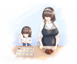 Rule 34 | 2girls, :p, apron, baking, blunt bangs, breasts, brown hair, chocolate, cookie, food, hairband, large breasts, mingke, mother and daughter, multiple girls, original, pastry bag, smile, tongue, tongue out, yellow eyes