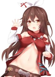 Rule 34 | 1girl, :o, amber (genshin impact), belt, blush, breasts, brown eyes, brown hair, brown shorts, cleavage, commentary request, detached sleeves, fang, genshin impact, groin, hair between eyes, hairband, highres, long hair, looking at viewer, midriff, navel, official alternate costume, red scarf, scarf, shorts, sidelocks, simple background, solo, tutsucha illust, underboob, white background